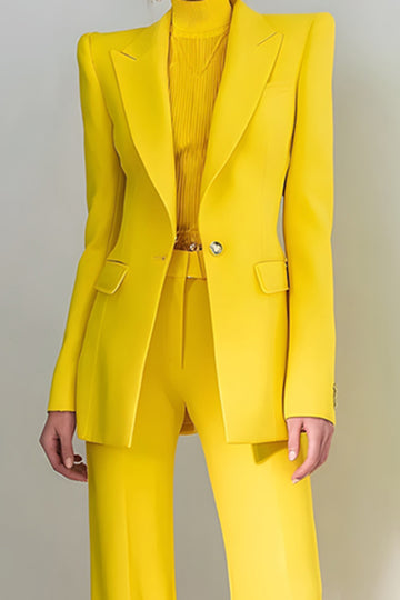 Yellow Peak Lapel Long Sleeve Slim Fit Women Suits